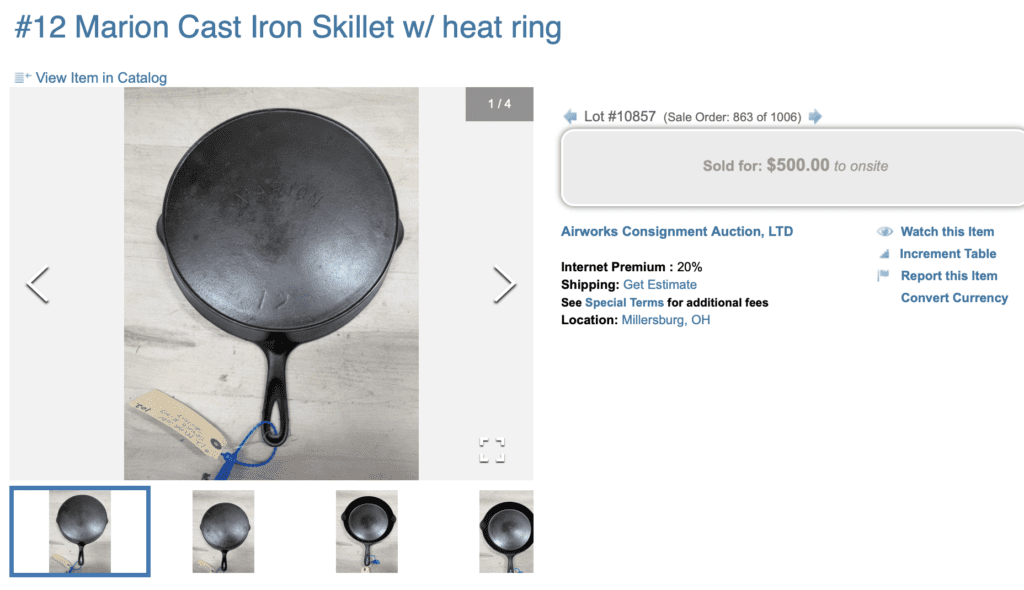 Antique Marion cast iron skillet no. 12 with heat ring. Sold for $500. 